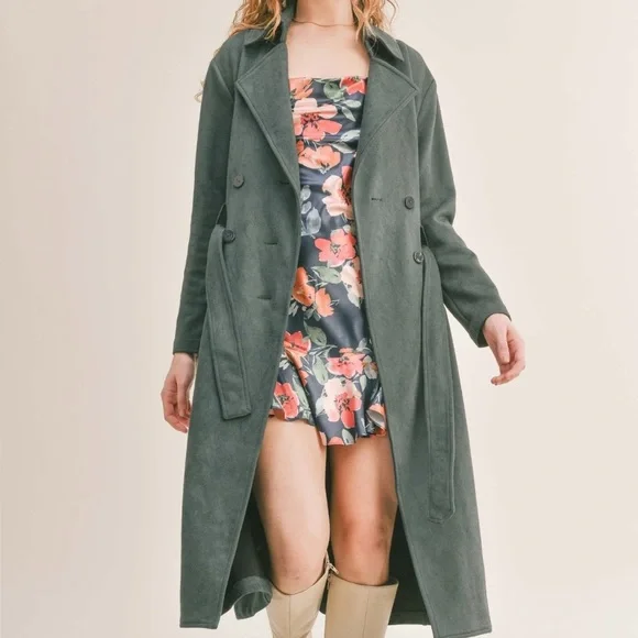 Like New, sᴀᴅɪᴇ & sᴀɢᴇ, Women's Microsuede Trench Coat I Dark Green, sᴍᴀʟʟ